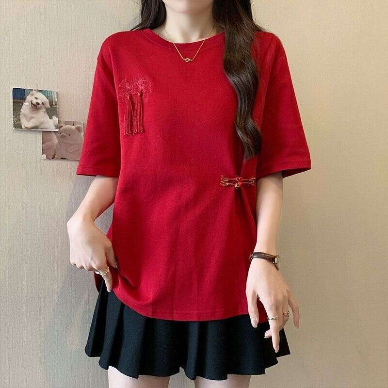 Chinese ethnic style retro red split design short sleeve T-shirt women's summer fashion plus size new loose casual top Casual round Pullover Spli
