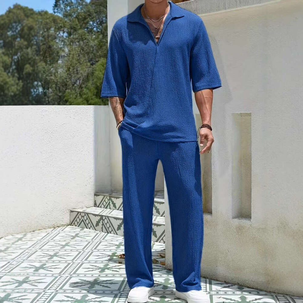 2026 European and American Spring New Cross-Border Commuting Men's Casual Shirt Solid Color Short Sleeve Long Pants Two-Piece Set