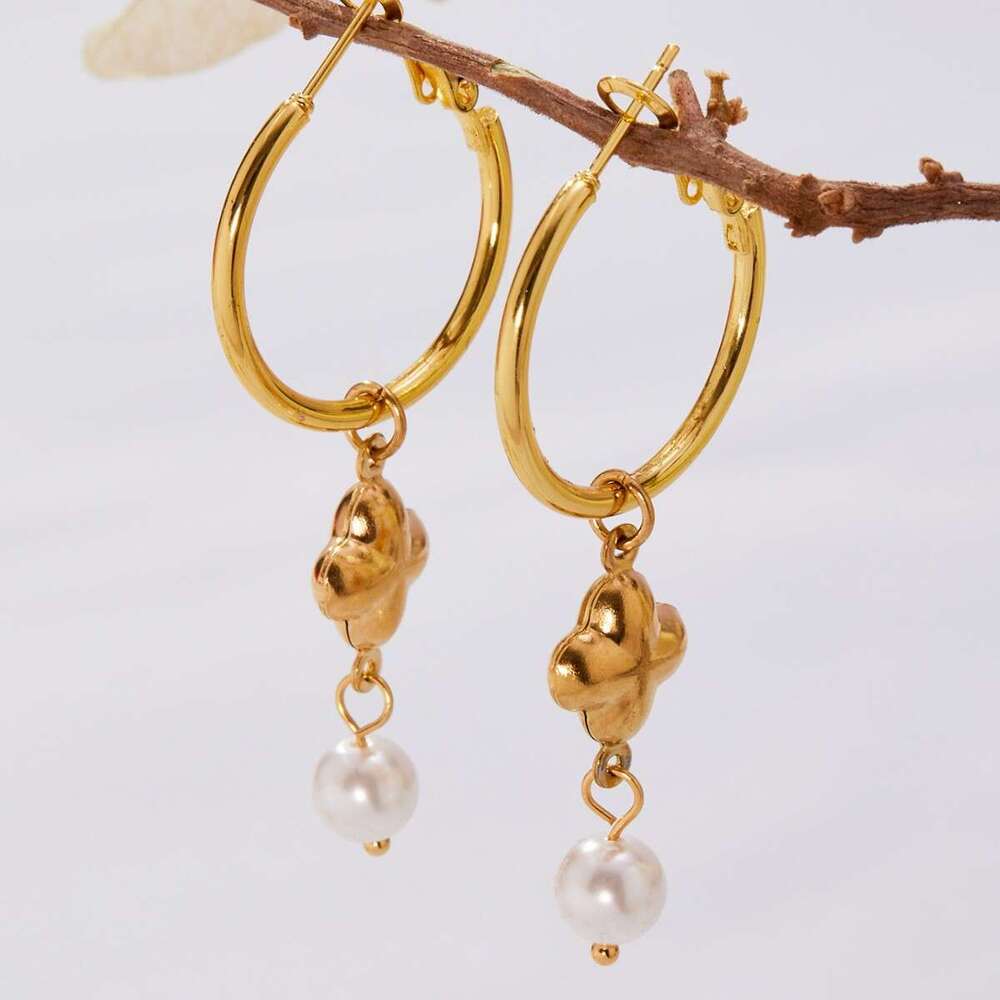 INS Style Stainless Steel 18K Gold Plated Hoop Fashionable Vintage Shell Bead Tassel Earrings Women's Accessories