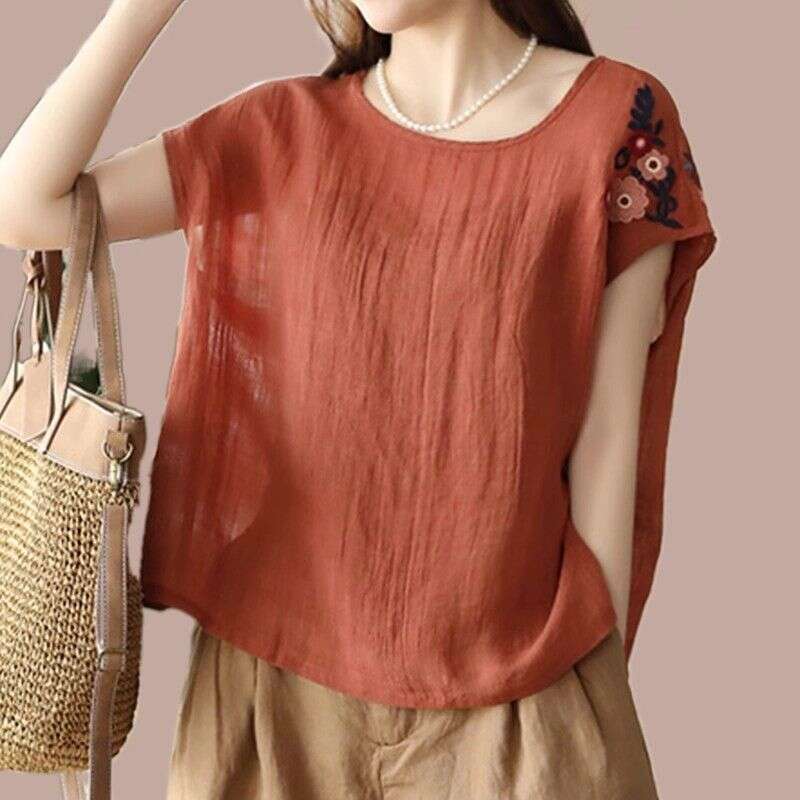 Chinese Style Embroidered Cotton Linen Short-sleeved T-shirt for Women's Summer New Style Thin Sleeveless Top