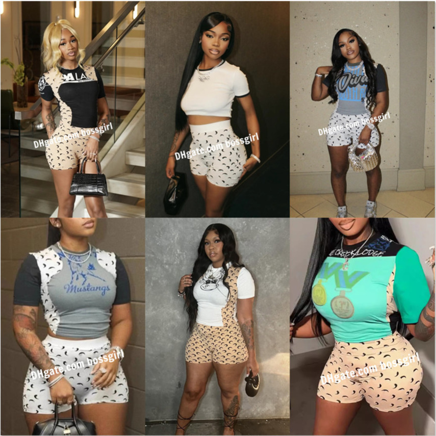 Women Tracksuits Two Pieces Set Designer 2026 New Fashion Color Block Short Sleeve Printed Shorts Set Ladies Sportwear 11 Colours