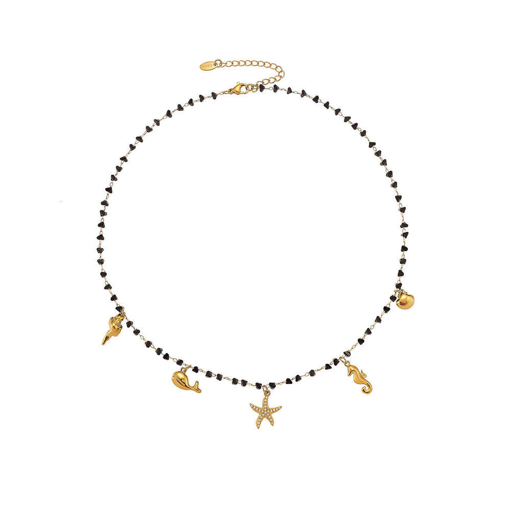 Cross-border European And American Fashion Full-diamond Starfish Ocean Series Stainless Steel Pendant Black Crystal Collarbone Chain Necklace