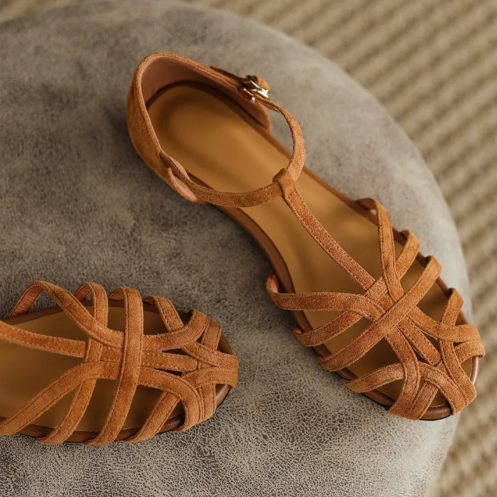 Womens natural suede leather narrow band braided t-strap flats sandals round toe casual female footwear summer shoes for women 260305