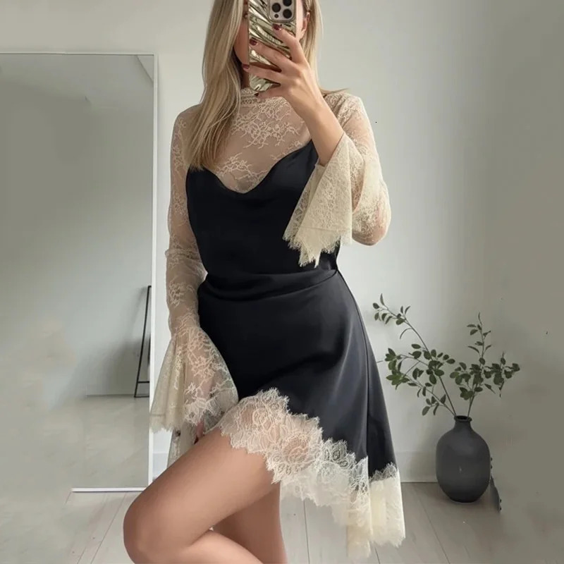 PRINTKAOIR 2026 Spring Elegant Sexy Lace Patchwork Mini Dress Women Flare Sleeve See Through Short Dresses Lady Club Party Gowns 260302