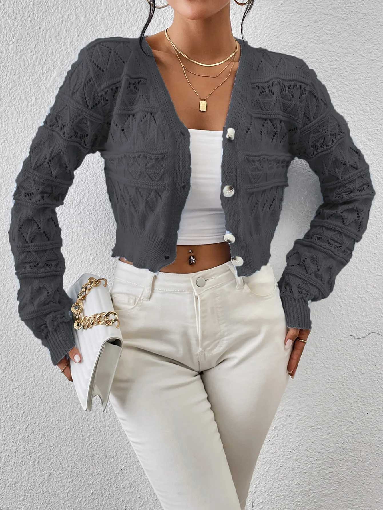 2026 New Autumn Women V-neck Knitwears Long Sleeve Knitted Sweaters Hollow Out Embroidery Single Breasted Short Cardigans Tops M260306