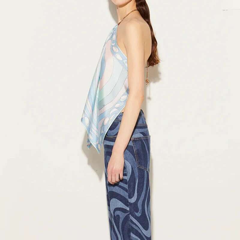 Women's Shirt 2026 Hollow Sleeveless Bohemian Shirt Chain Strap Folded T-shirt Satin Printed Slimming Top