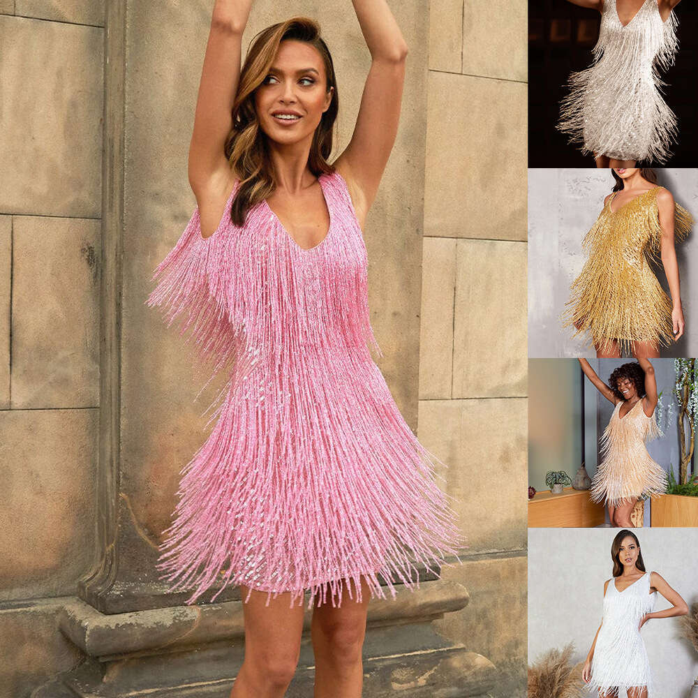 2026 New European and American Style Tassel Sequin Sleeveless Dress Evening Gown