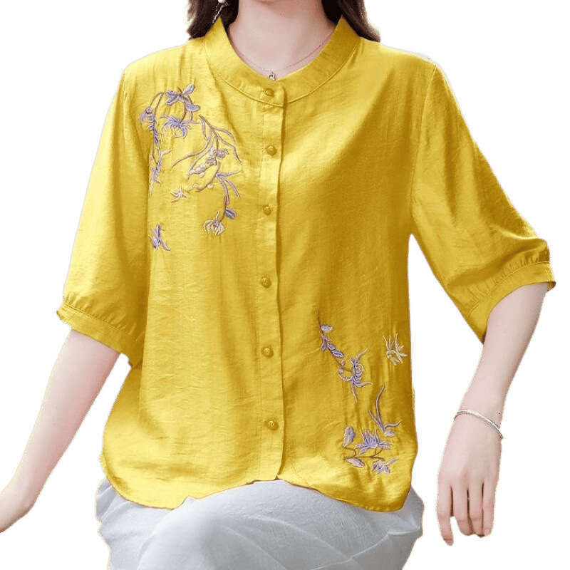 Cotton Linen Embroidered irt ort Sve Women's Summer Faion Loose Fit Versatile Trendy Top for Commute Office, casual loose new Chinese style top
