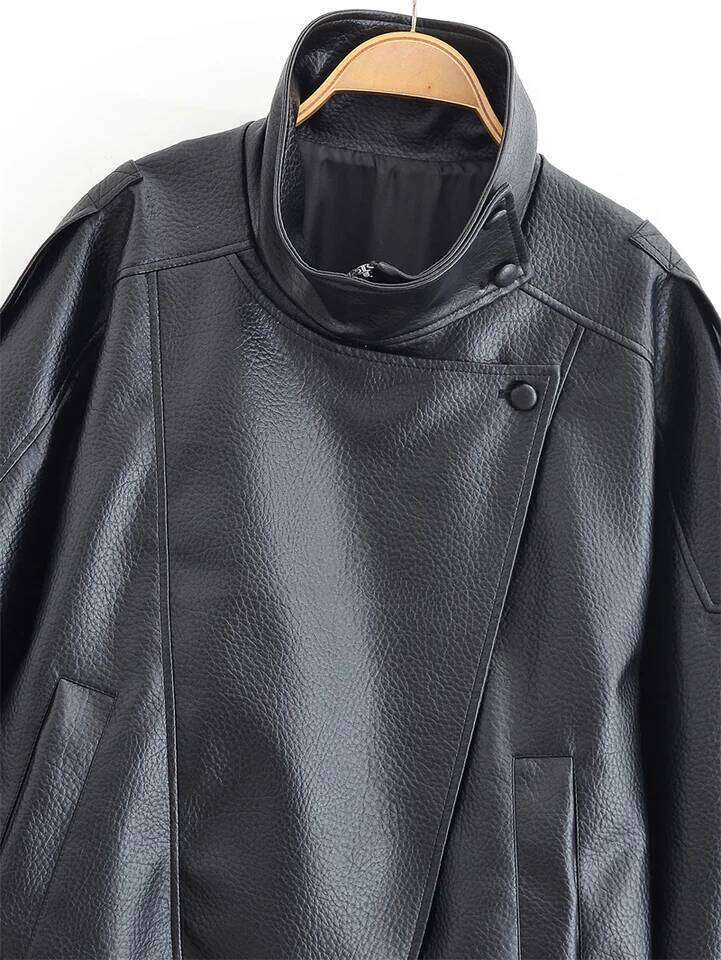 Women's Fall 2025 New Black Long Sleeve Pebble Faux Leather Jacket Motorcycle Style Personality Fashion