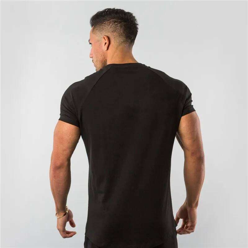 Men's European Summer Fitness Sports Solid Cotton Elasticity Active Short-sleeved T-shirt Large Size M-2XL 26H0306