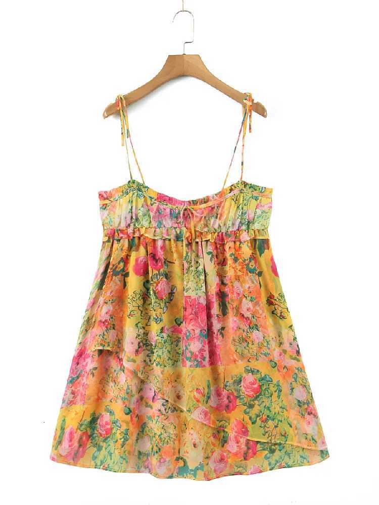 BOHO Bow Ruched Bra Corset Style Flower Print Spaghetti Strap Mini Dress Women Backless Skater Lacing up Sling Robe Holiday X260306