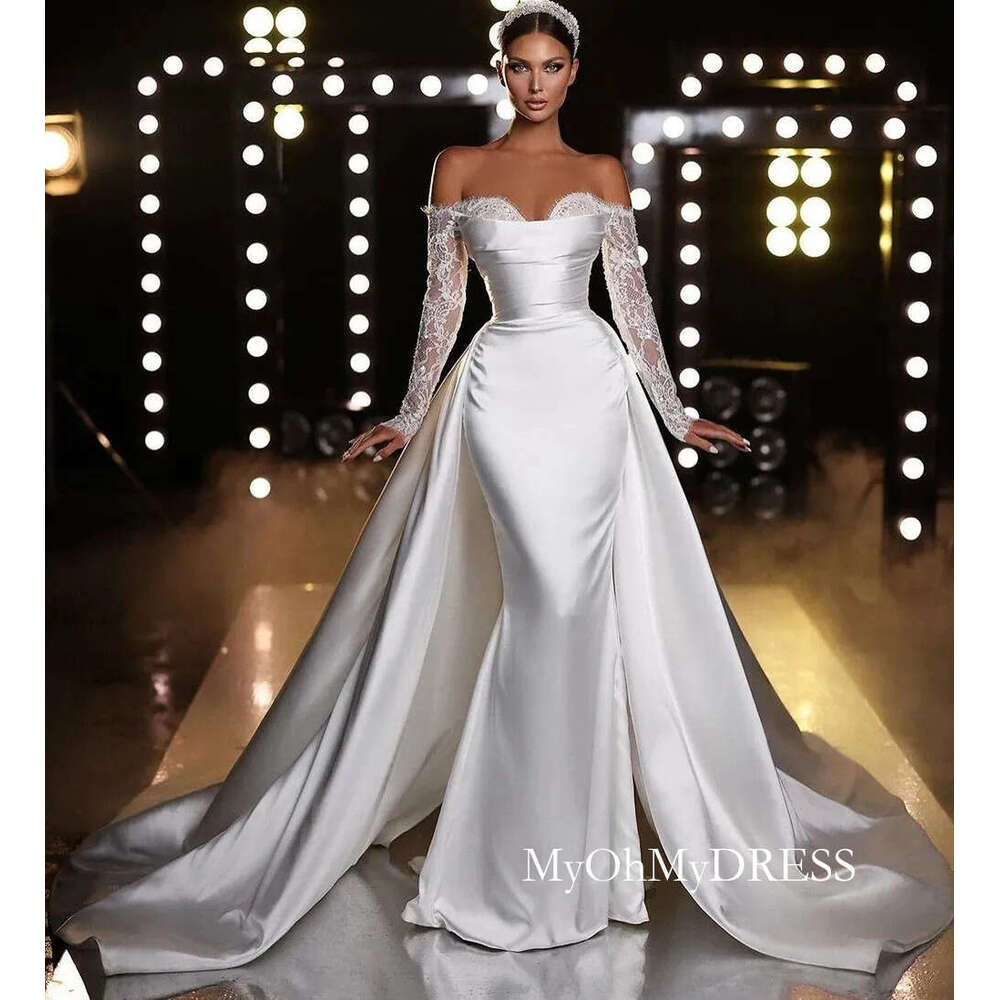 2024 Modern Wedding Dress Detachable Train Off Shoulder Long Sleeves Sweetheart Mermaid Bridal Gowns Vestido De Novia Custom Made D0306