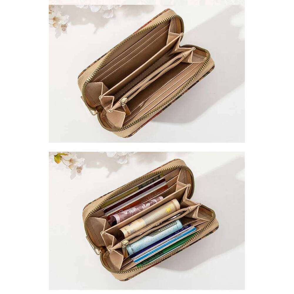 Retro Printed Short Zipper Portable PU Leather Bag Multi functional Slot Women's Card Set Zero Wallet C260304