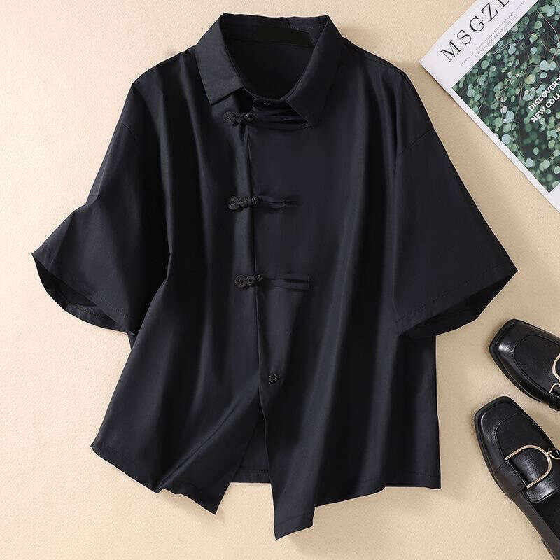 Retro Slanted Placket Buckle Loose Long Sleeve Pure Cotton Slit DesignChinese Cross-Button Shirt Summer Turn-down Collar Casual Loose Irregular Women 