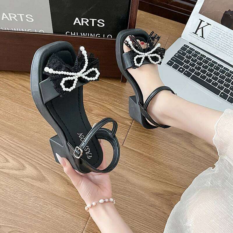 2026 Summer New Women's Bow High Fashion Open toed One line Buckle Strap Thick Heel Sandals