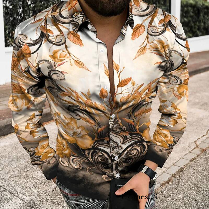 Autumn and Winter Men's Single Breasted Lapel Long Daily 3D Printing Luxury Retro Pattern Casual Button Cardigan Shirt