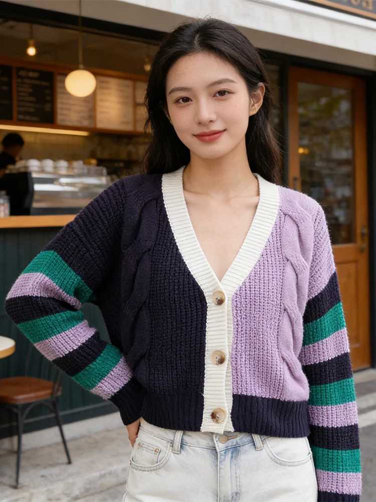 SLTNX Womens Cardigan Sweater Contrast Color Casual Joker V-neck Buttons Colorful Patchwork Street Trend Hipster Knit Coat M260306