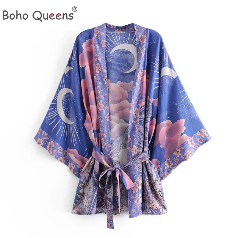 Boho Queens Vintage Star and Moon Floral Print Sashe Bohemian V Neck Batwing Sleeves Happie Short Robe Kimono 260228