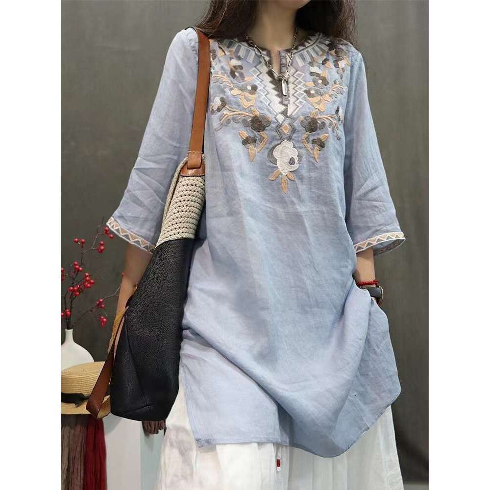 Women's Cotton Linen Embroidered Top Thin Mid Sleeve Retro Chinese Style Spring Summer Autumn New Fashion T-Shirt Embroidery Long Blouse