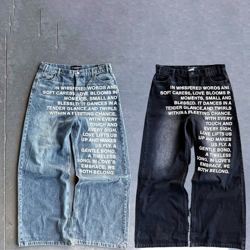 Men's Vintage Letter Printed Jeans Casual American Retro Pattern Alphabet Jeans High Street Fashion Hip Hop Gothic Baggy Wide Leg Pants