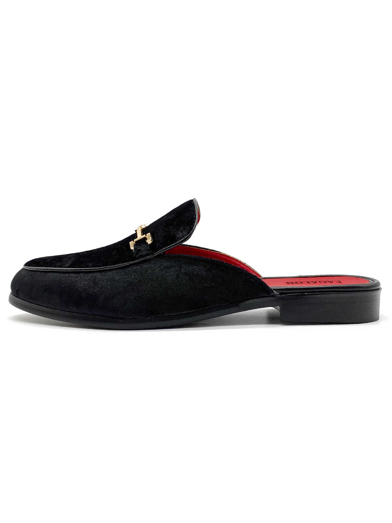 Men's Black Velvet Mules Loafers Backless Slippers with Gold Buckle Luxury Casual Slip-On Shoes