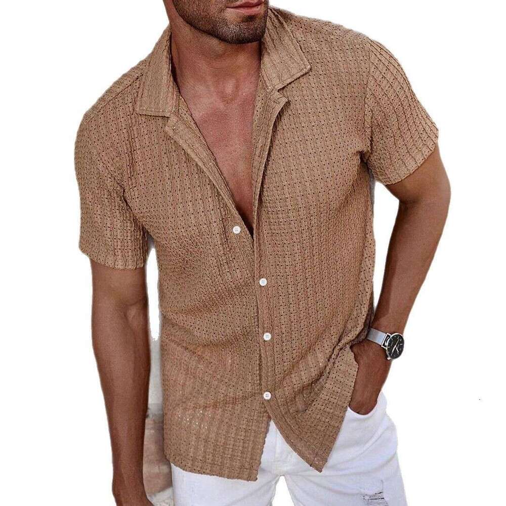 Cross-border temu shein Amazon cross-border foreign trade men's casual striped shirt with turn-down collar and short sleeves