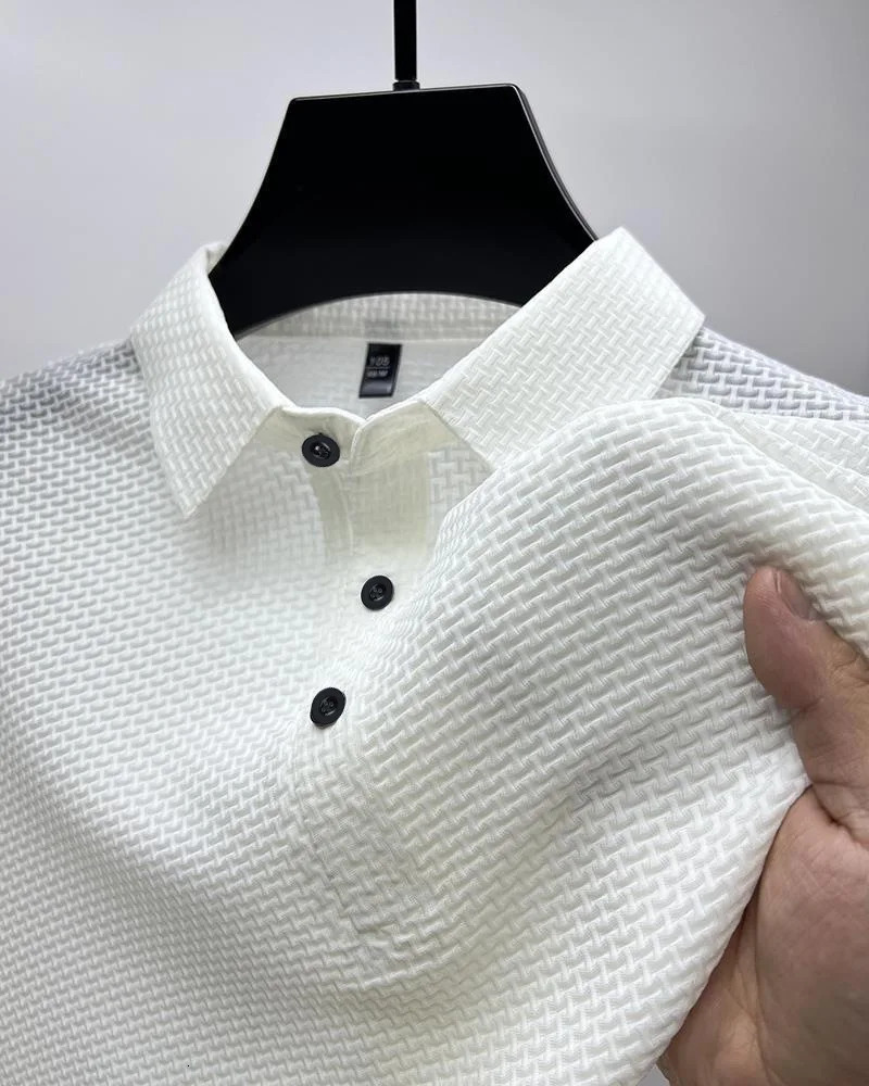 high-end fabric fashion casual mesh ice silk short sleeve lapel T-shirt mens summer solid color comfortable knit polo shirt 260304