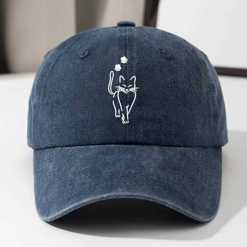 Cute Walking Cat Graphic Denim Cap Vintage Washed Polyester Casual Outdoor Adjustable Hat S260306