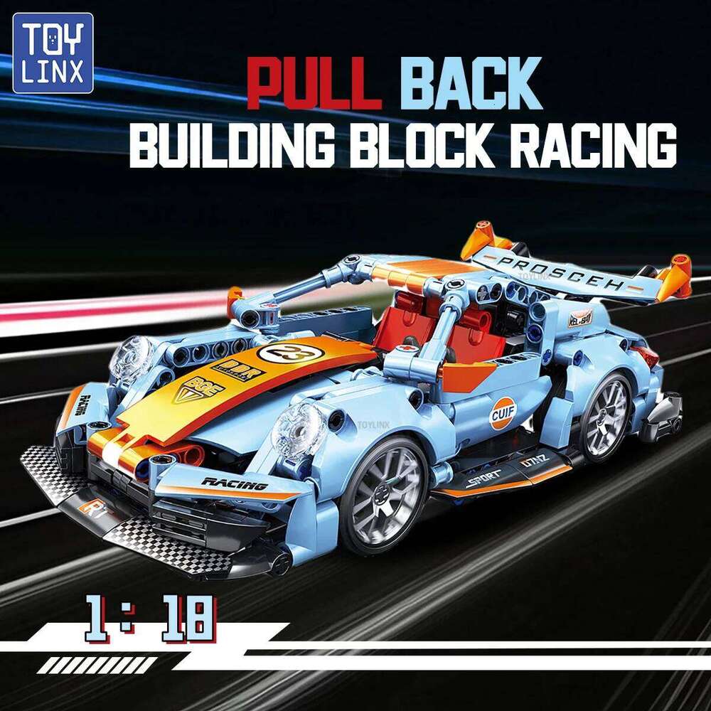 TOYLINX 523pcs Blue Supercar Building Block Set 1:18 Pull Back Mechanical Racing Sports Car Construction Toy Ideal Gift for Boys Z260305
