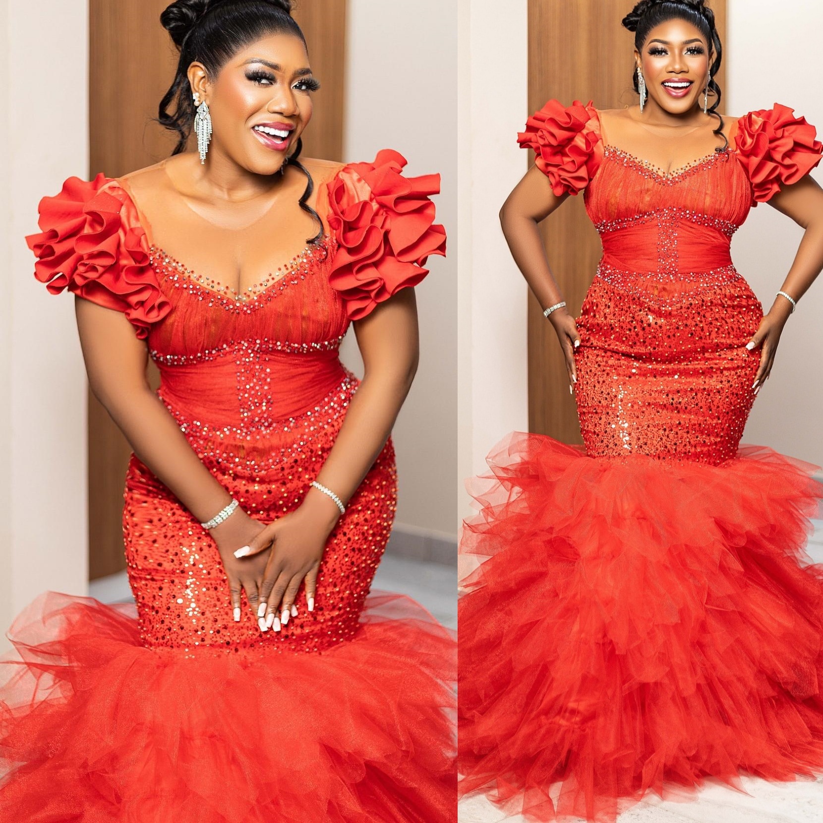 Aso Ebi Red Prom Dress 2026 Mermaid Prom Dress Beaded Sequined Tiers Tulle Evening Dresses For Black Women Birthday Party Formal Receiption Gowns Dres