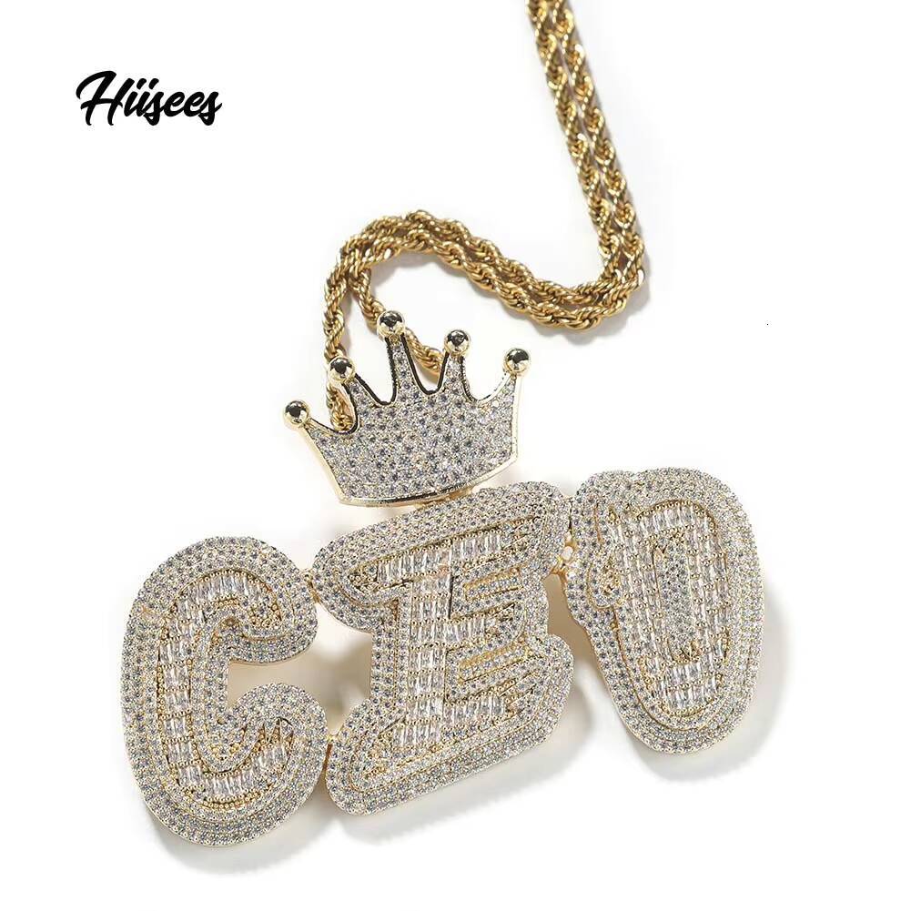 New Design Hiphop Big Letter Necklace Iced Out Baguette Cubic vvs moissanite Gold Plated Men Initial Name Letter Crown Pendant