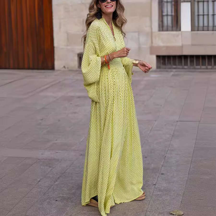 2026 European and American Autumn Style Long Sleeve Loose V-Neck Waist-Cinching Flared Dress for Women