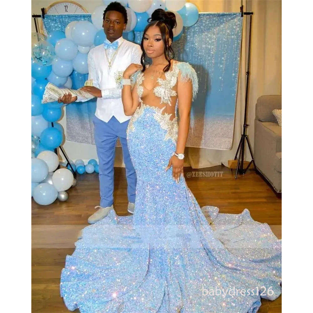 2026 Sparkly Sky Blue Mermaid Prom Dress For Black Girls Mesh Glitter Sequins Beads Rhinestone Feathers Birthday Party Gown Robe