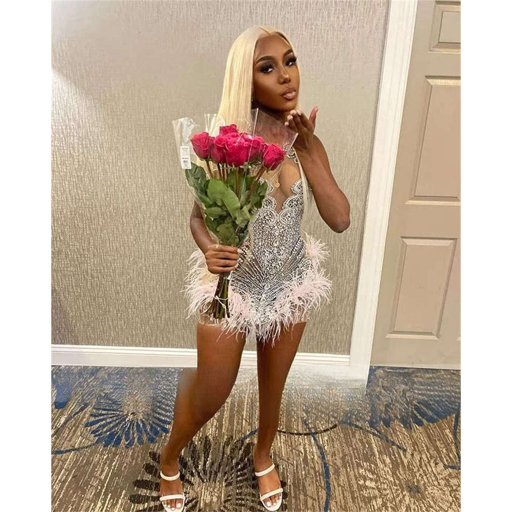 Sexy Sparkly Pink Diamonds Short Prom Dress Glitter Crystals Rhinestone Bead Feather Birthday Party Senior Homecoming Customized
