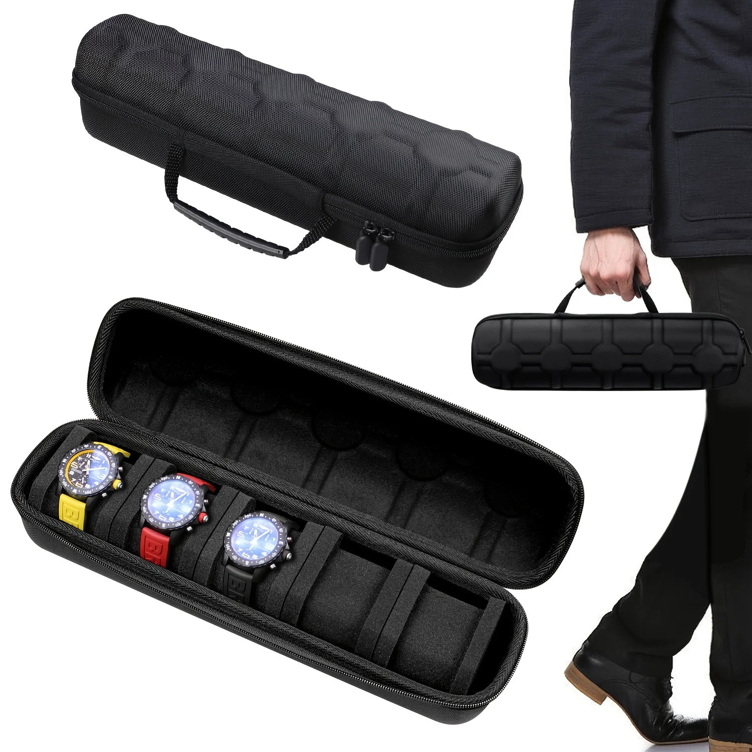 1pc 5-Slot Watch Case Hard Shell Travel Organizer with Pillow Insert - Gift Ready Blacksuitable for smart watch storage 260304