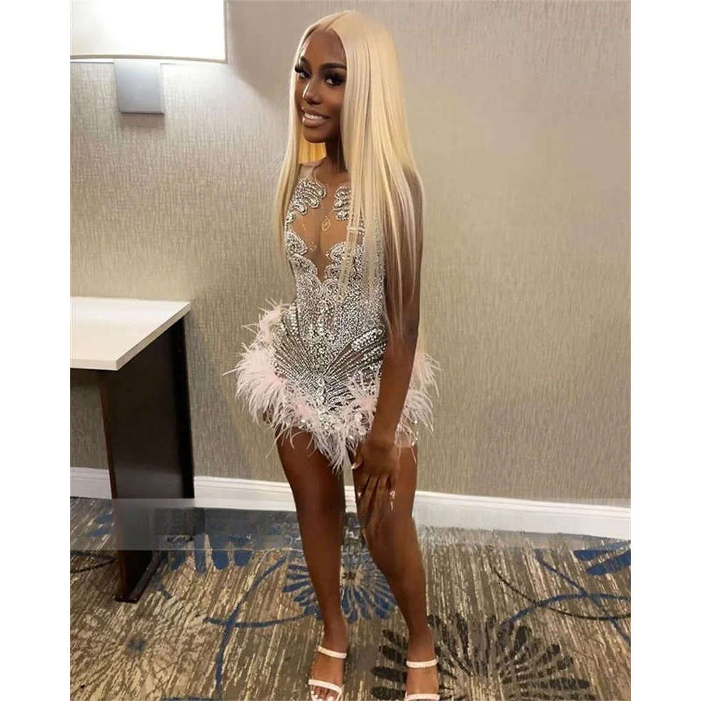 Sexy Sparkly Pink Diamonds Short Prom Dress Glitter Crystals Rhinestone Bead Feather Birthday Party Senior Homecoming Customized