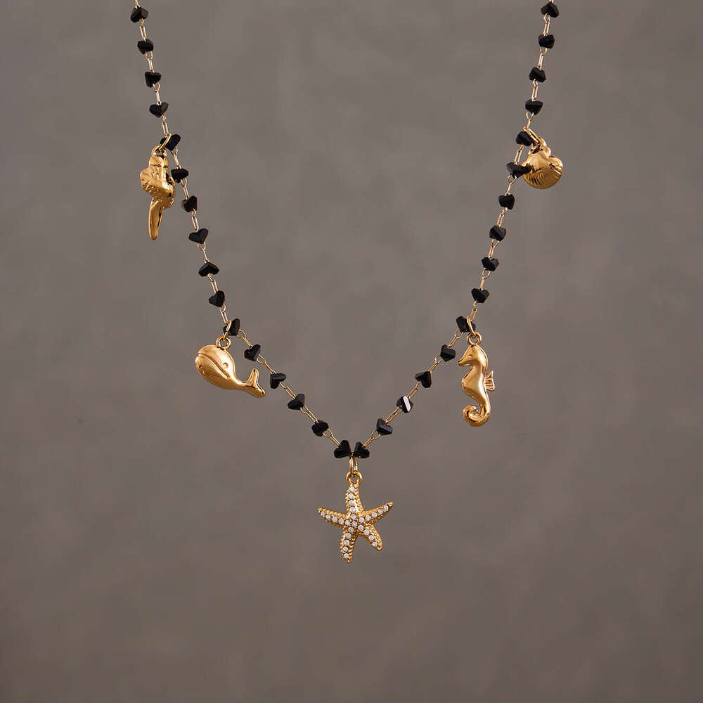 Cross-border European And American Fashion Full-diamond Starfish Ocean Series Stainless Steel Pendant Black Crystal Collarbone Chain Necklace