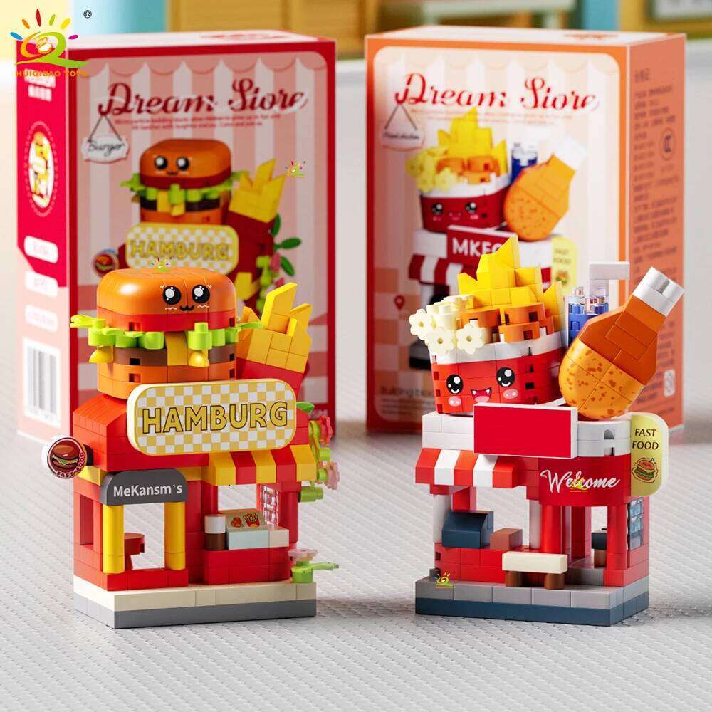 HUIQIBAO MOC Cute Street Shop model Micro Building Block Burger Fried Flower Model Mini Brick Toy for Children Desk Decor. Z260306