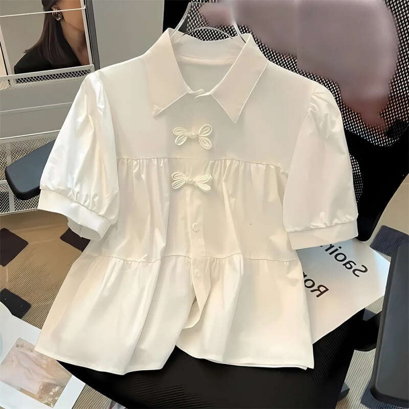 New Chinese style short sleeved shirt for women's summer fluffy sleeve shirt, loose top for women's casual loose neck shirt, suitable for co
