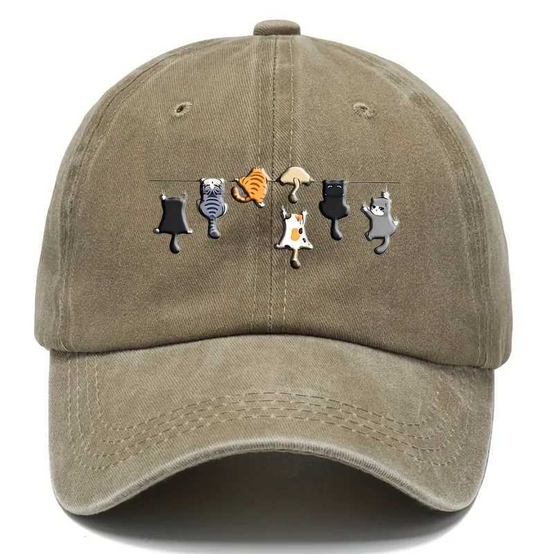 Trendy Cute Cat Print Washed Vintage Soft Top Sunshade Baseball Cap Unisex Versatile Baseball Cap S260306