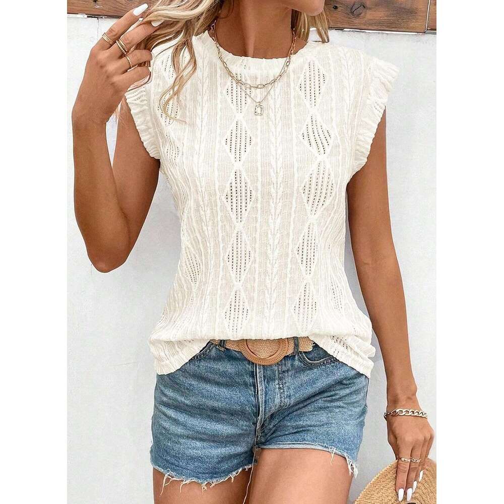 Designer Women's Summer Tops Casual Crewneck Cap Sleeve Shirts Lightweight Crochet Knit Texture Tank Top Blouses