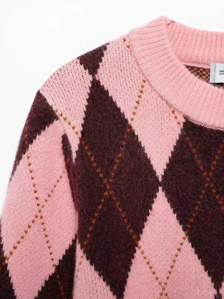 New Fall Winter 2024 Women Geometric Print Knitwear Vintage Ladies Crew Neck Long Sleeve Single Breasted Cardigan M260306