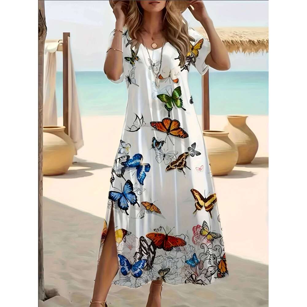 Elegant Summer Plus Size V-Neck Butterfly Print Dress - Split Hem Short Sleeve Women's Fashion