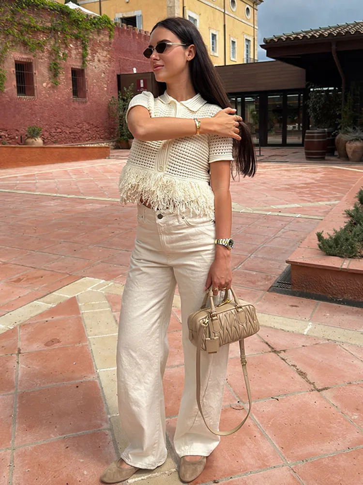 Women Elegant White Knit Tassels Skirt Suit Casual Lapel Half Sleeve Hollow Out Top Slim Fit 2-piece Set Summer Outfits 260304