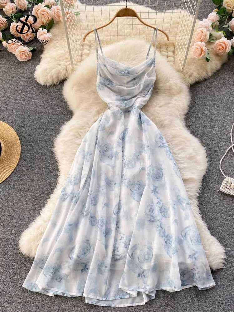 SINGREINY Women Floral Spaghetti Strap Dress Elastic Ruched Sexy Hollow Backless Party Dress Summer Boho Vacation Beach Sundress X260306