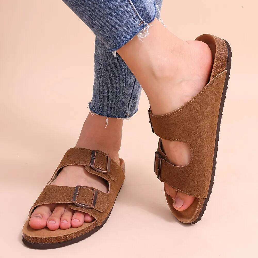 Litfun Women's Cork Footbed Fashion Ankle-Strap Suede Slippers Platform Outdoor Beach Sandals Home Comfort Flats Slides