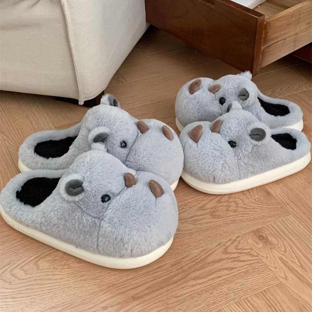 Cute Fun Rhinoceros Design Women Winter new Slippers Casual Soft Heel Platform Fur Warm Indoor Comfortable Man Home Slippers S260305