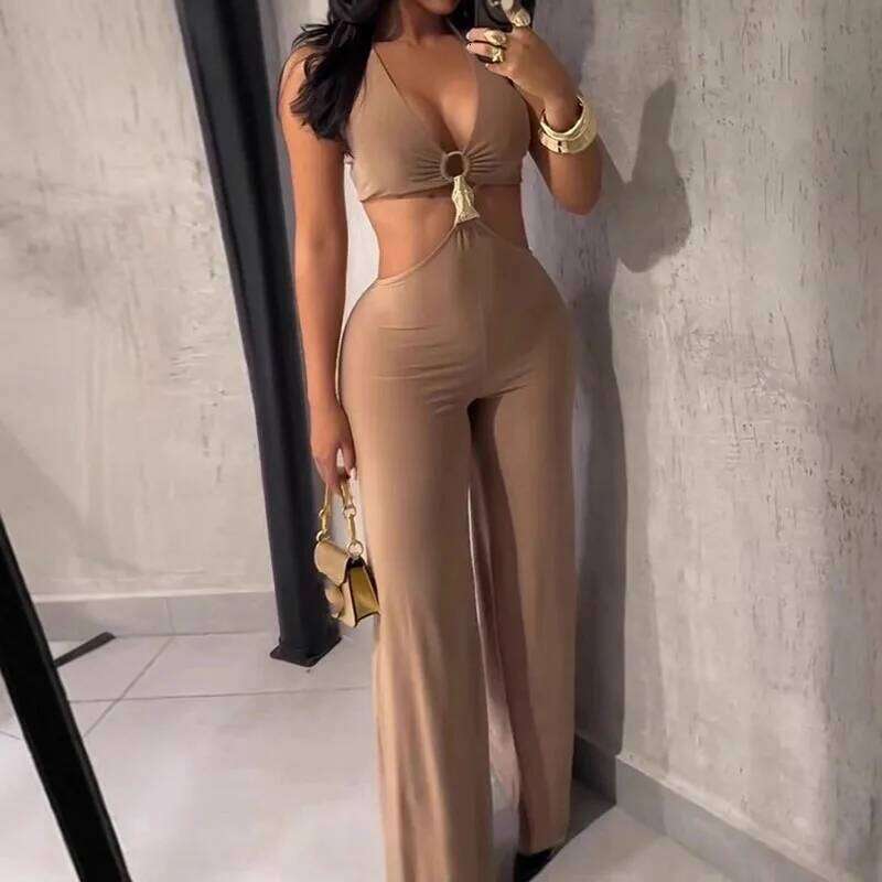 Elegant Halter Women's High Waist Romper Sexy V-Neck Sleeveless Hollow Out Jumpsuits Summer Backless Fit Pure Playsuits Overalls