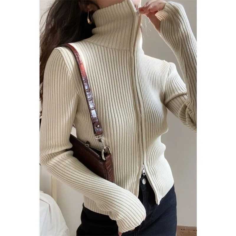 Autumn Winter French Retro Zipper Knitted Bottoming Shirt for Women with Western Style Long-sleeved Outer Knitted Cardigan Top M260306