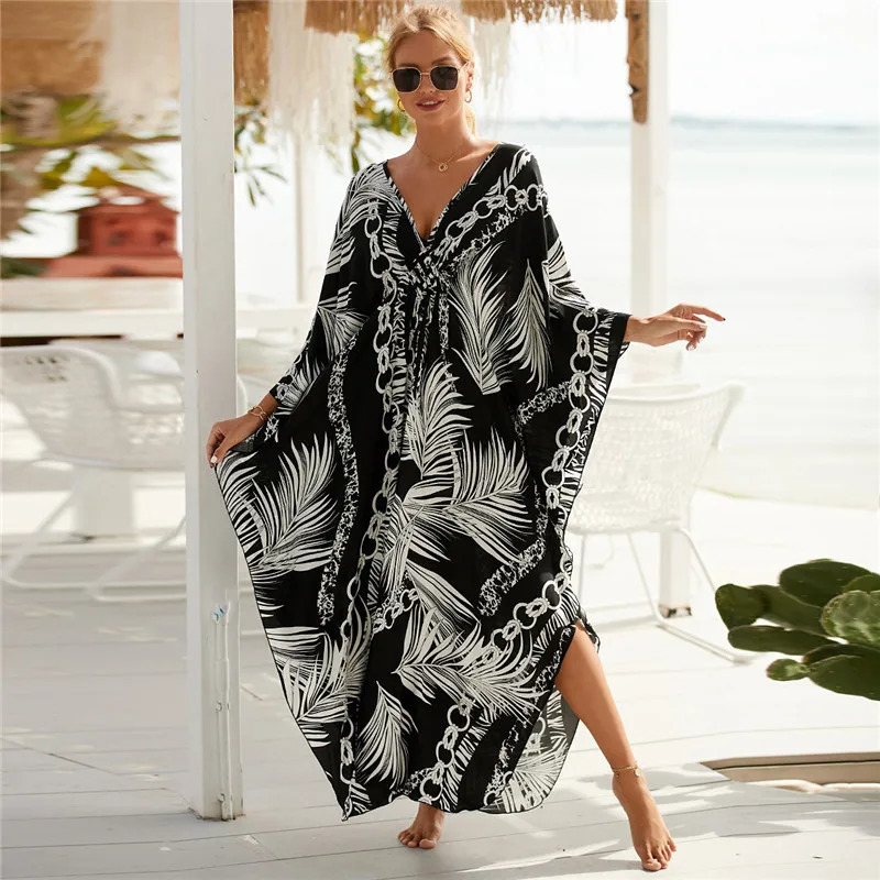 Womens Plus Size Animal Print VNeck Batwing Kaftan Beach Dress Bathing Suit CoverUp Loungewear 260228